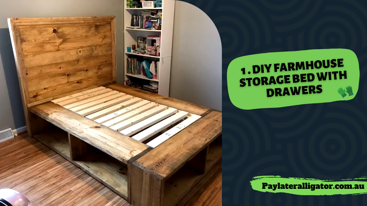 DIY Farmhouse Storage Bed with Storage Drawers