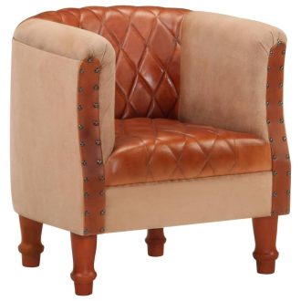 Tub Chair Real Leather and Solid Mango Wood