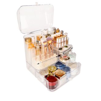 Transparent Cosmetic Storage Box Clear Makeup Skincare Holder with Lid Drawers Waterproof  Dustproof Organiser with Pearls