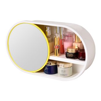 39cm Oval Wall-Mounted Mirror Storage Box Vanity Mirror Rack Bathroom Adhesive Shelf Home Organiser Decor