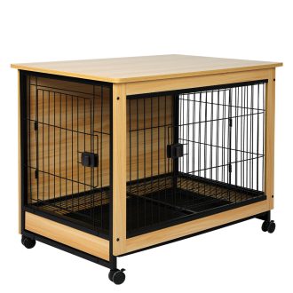 Wooden Wire Dog Kennel Side End Table Steel Puppy Crate Indoor Pet House