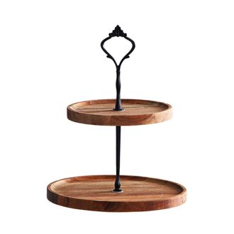 2 Tier Brown Round Wooden Acacia Dessert Tray Cake Snacks Cupcake Stand Buffet Serving Countertop Decor