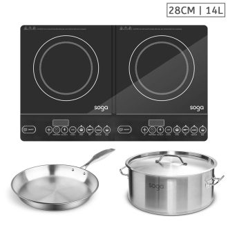 Dual Burners Cooktop Stove, 14L Stainless Steel Stockpot and 28cm Induction Fry Pan