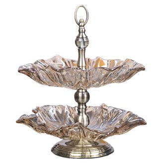 2 Tier Bronze Lotus Vertex Crystal Glass Fruit Bowl Candy Holder Countertop Dessert Serving Basket Decor