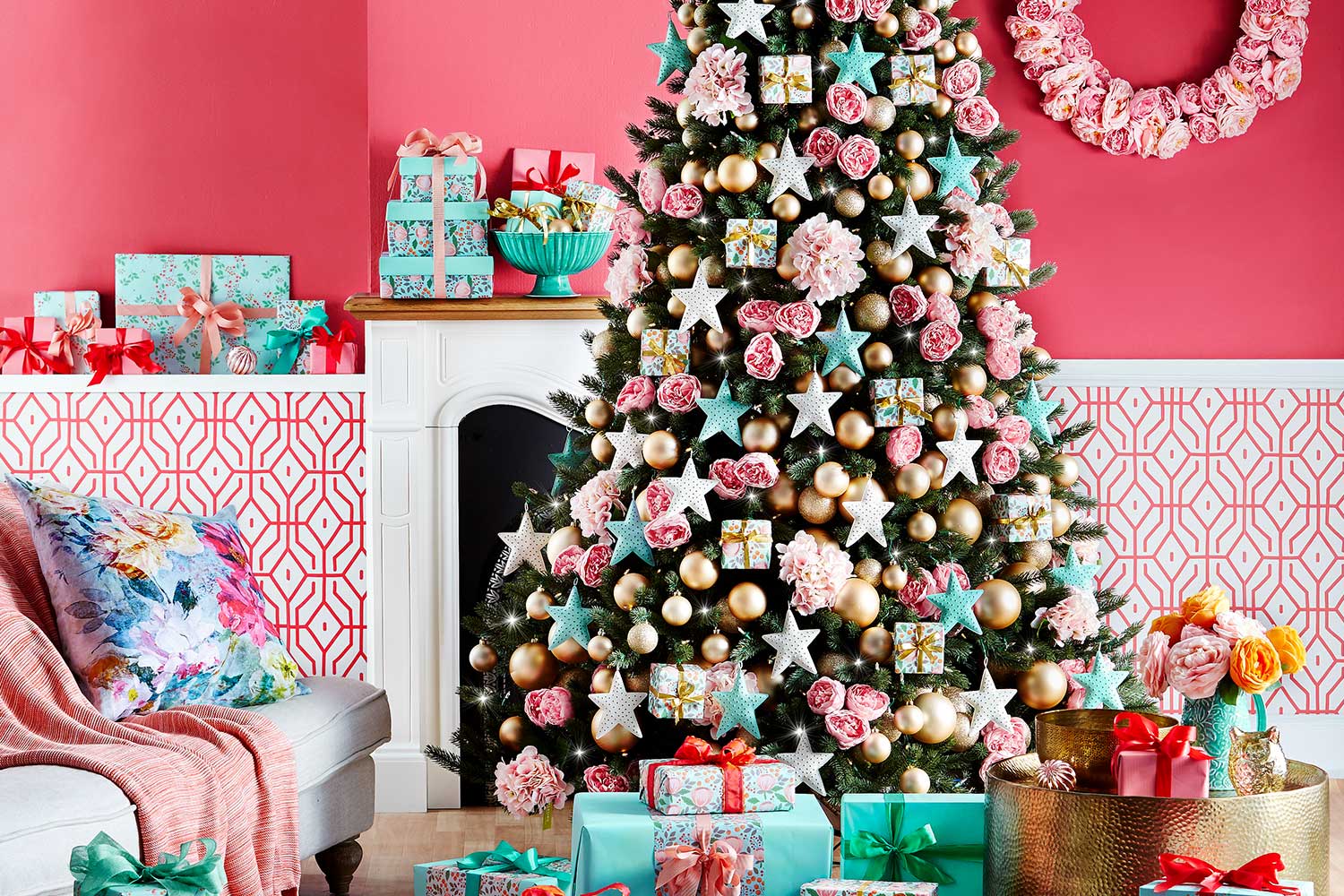 A Feathery Pink Christmas Tree Blue Ornaments