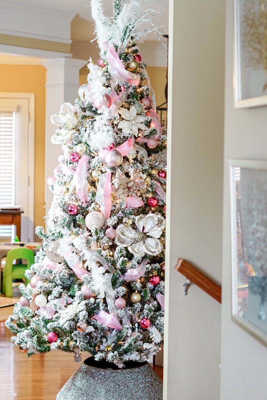 Pink Flocked Christmas tree with Ribbon Garland