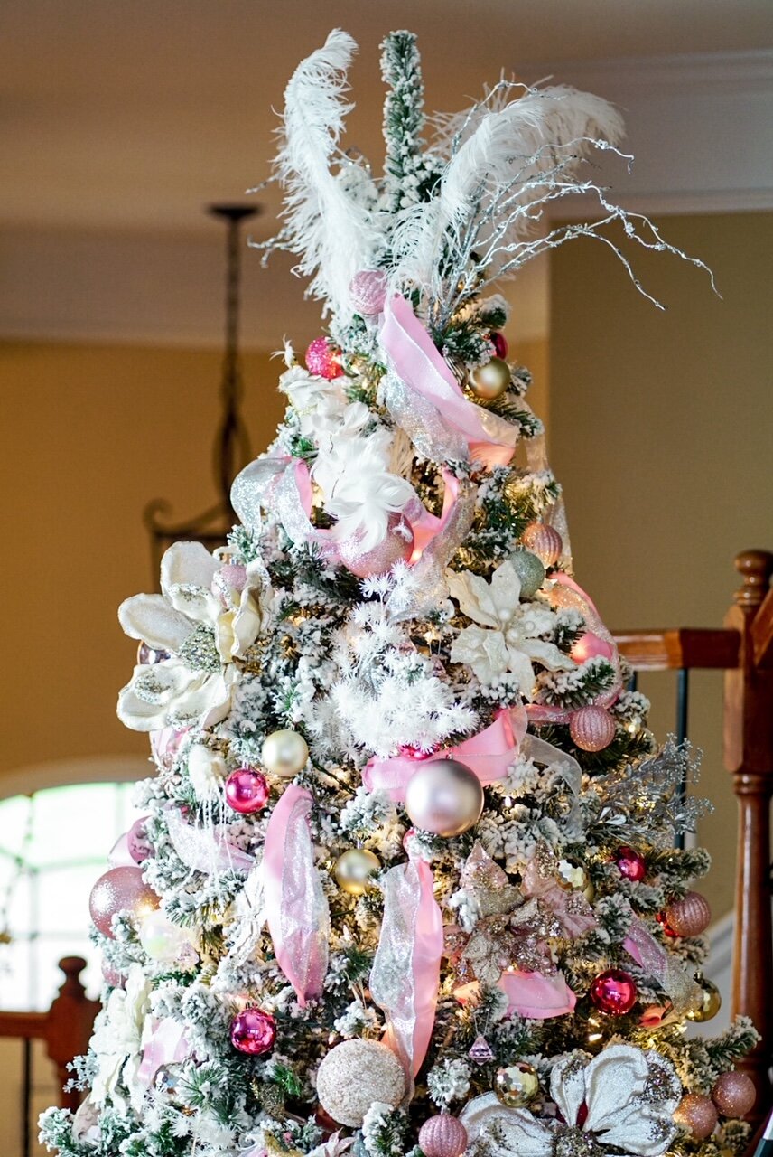 Pink Flocked Christmas tree with Ribbon Garland
