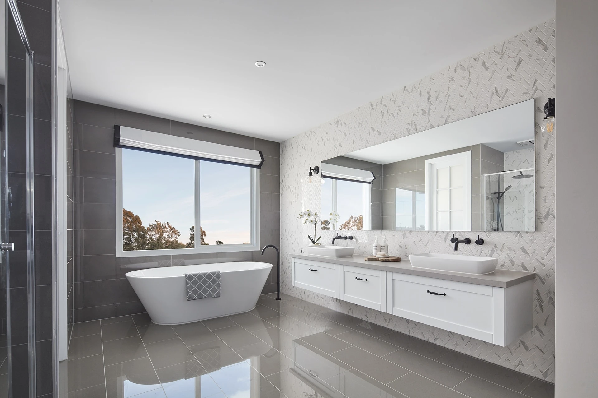hamptons style bathroom with Marble Freestanding Bathtub