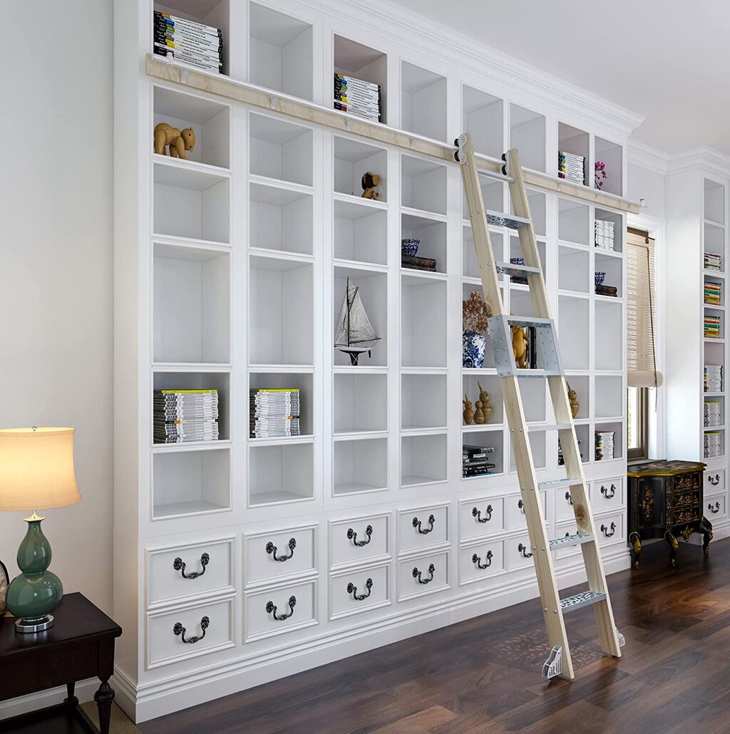 Library-Style Rolling Ladder and Bookcase
