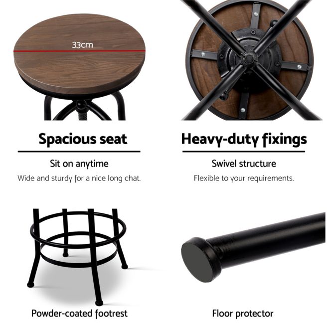 Artiss Bar Stool Industrial Round Seat Wood Metal – Black and Brown – 1