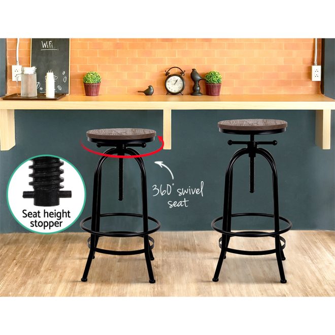 Artiss Bar Stool Industrial Round Seat Wood Metal – Black and Brown – 1
