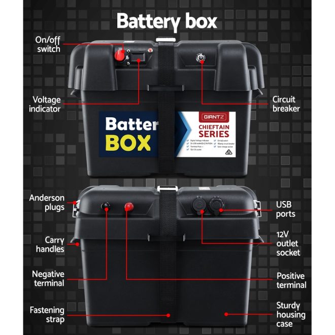 Giantz Deep Cycle Battery & Battery Box 12V AGM Marine Sealed Power Solar Caravan 4WD Camping – 135Ah