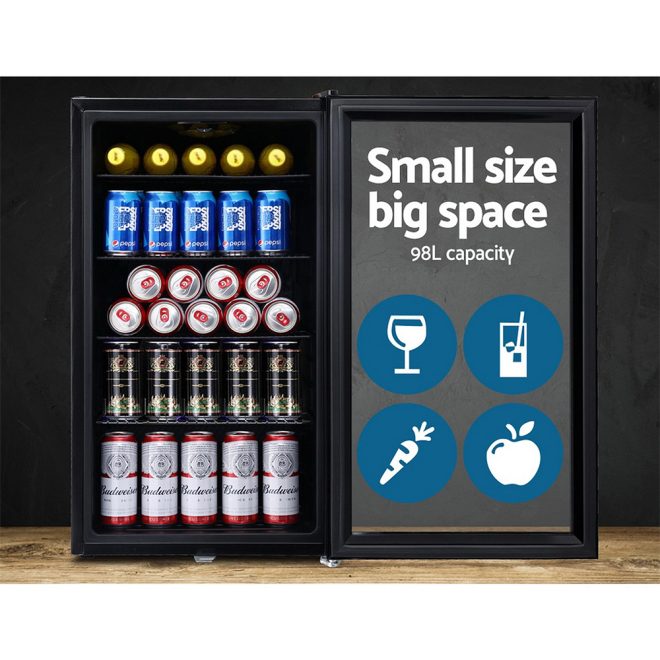 Devanti Bar Fridge Glass Door Mini Freezer Fridges Countertop Beverage Commercial – 98 L