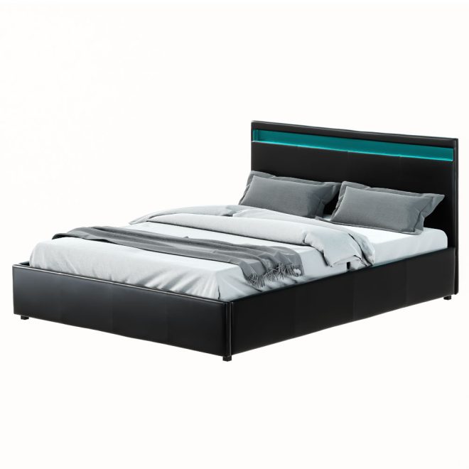 Artiss Cole LED Bed Frame PU Leather Gas Lift Storage – QUEEN, Black