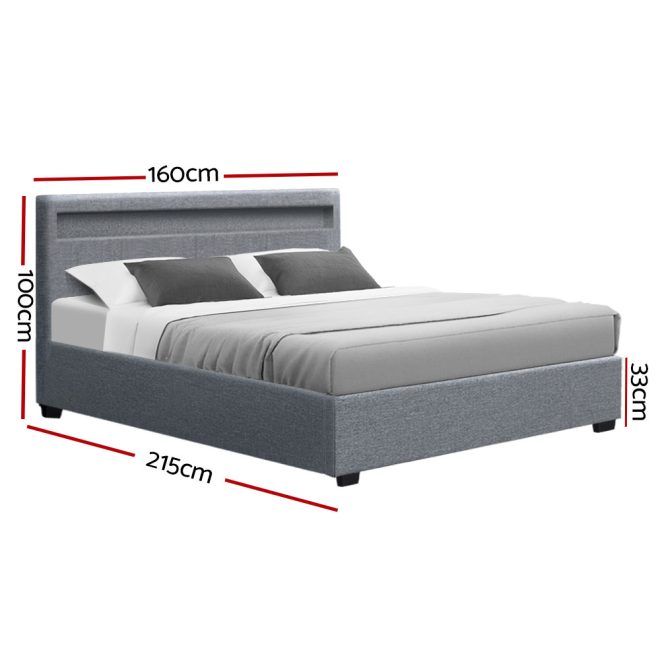 Artiss Cole LED Bed Frame PU Leather Gas Lift Storage – QUEEN, Grey
