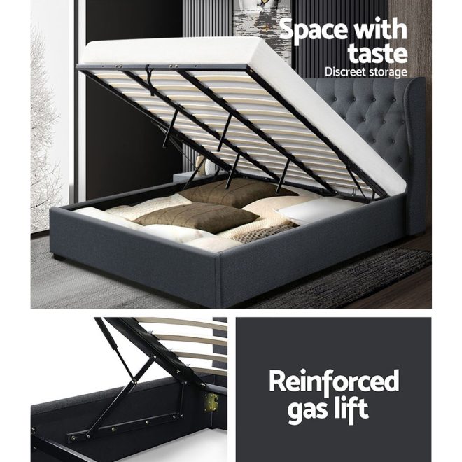Artiss Issa Bed Frame Fabric Gas Lift Storage – KING, Charcoal