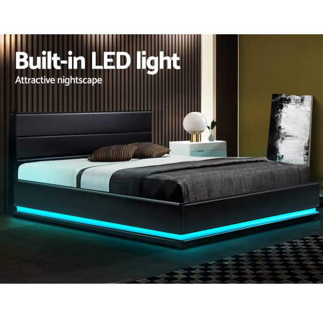 Artiss Lumi LED Bed Frame PU Leather Gas Lift Storage – DOUBLE, Black