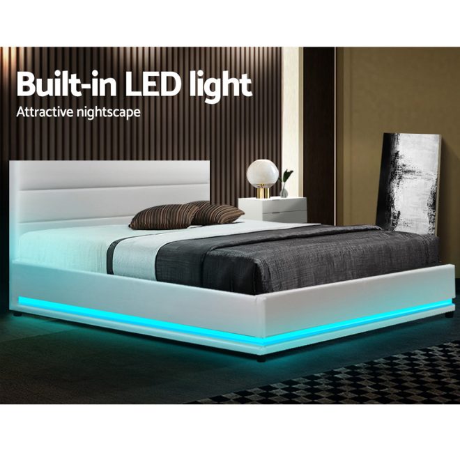 Artiss Lumi LED Bed Frame PU Leather Gas Lift Storage – DOUBLE, White