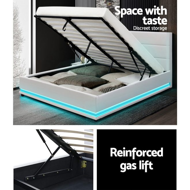 Artiss Lumi LED Bed Frame PU Leather Gas Lift Storage – DOUBLE, White