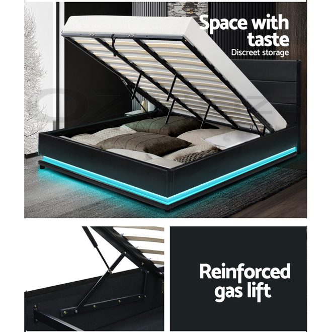 Artiss Lumi LED Bed Frame PU Leather Gas Lift Storage – KING, Black