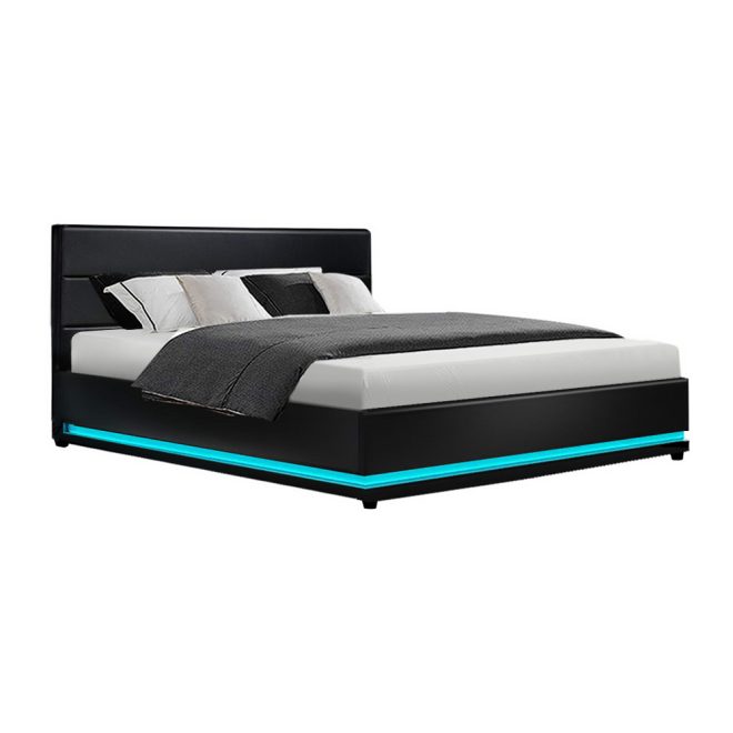 Artiss Lumi LED Bed Frame PU Leather Gas Lift Storage – QUEEN, Black
