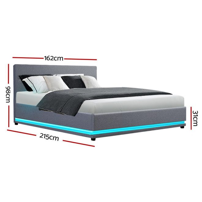 Artiss Lumi LED Bed Frame PU Leather Gas Lift Storage – QUEEN, Grey