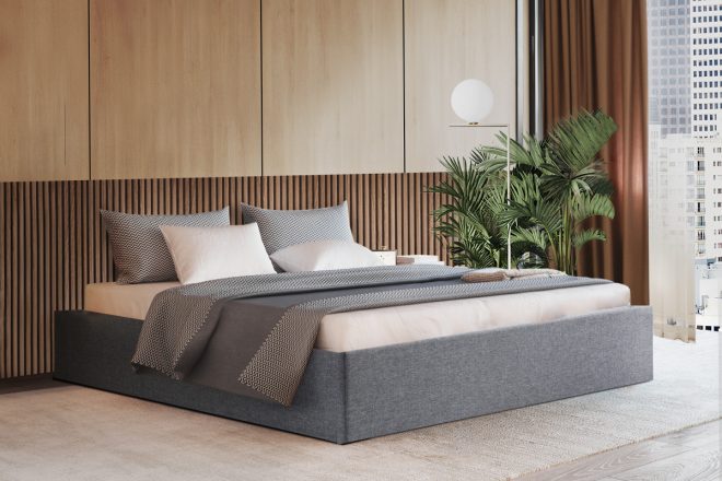 Artiss TOKI Storage Gas Lift Bed Frame without Headboard Fabric – KING SINGLE, Grey