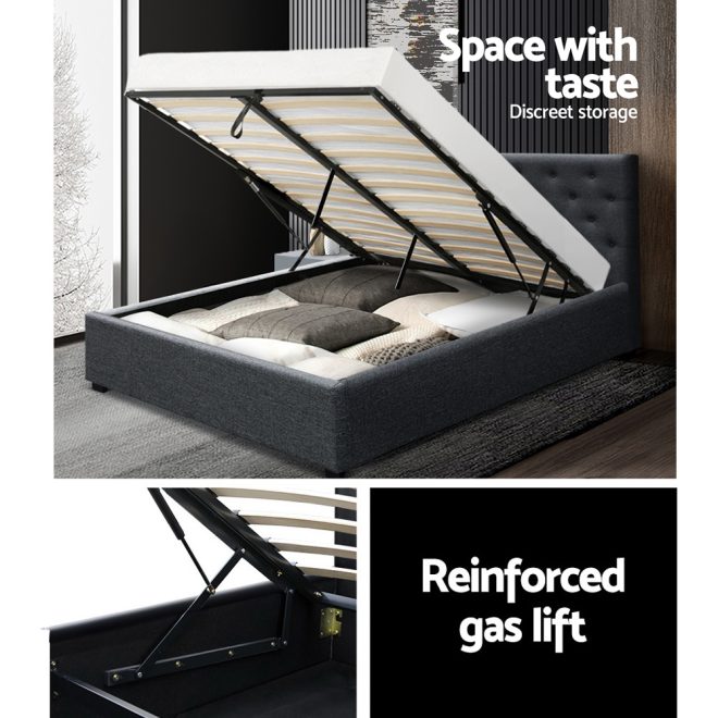 Bed Frame Gas Lift Base With Storage Fabric Vila Collection – QUEEN, Charcoal