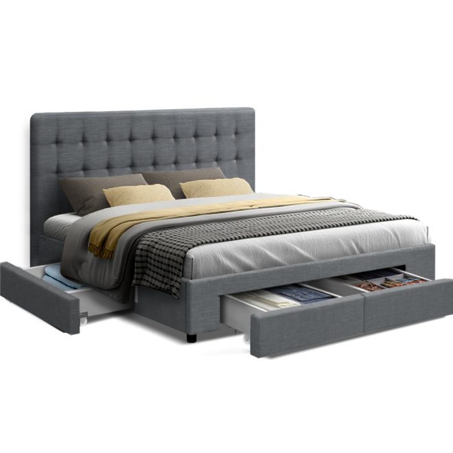 Artiss Avio Bed Frame Fabric Storage Drawers – KING, Grey