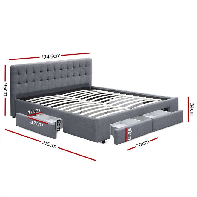 Artiss Avio Bed Frame Fabric Storage Drawers – KING, Grey