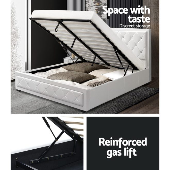 Artiss Tiyo Bed Frame Fabric Gas Lift Storage – DOUBLE, White