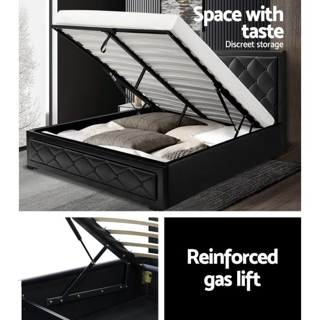 Artiss Tiyo Bed Frame Fabric Gas Lift Storage – QUEEN, Black
