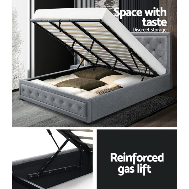 Artiss Tiyo Bed Frame Fabric Gas Lift Storage – KING, Grey
