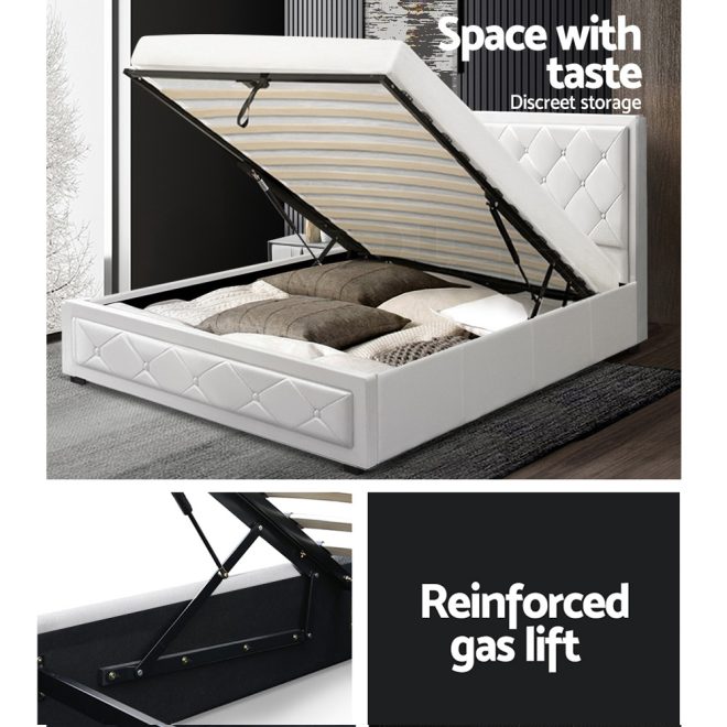 Artiss Tiyo Bed Frame Fabric Gas Lift Storage – KING SINGLE, White