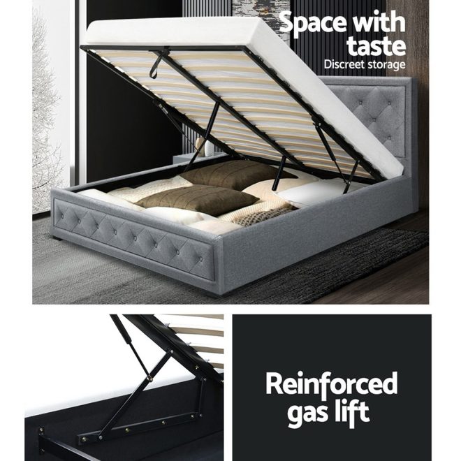 Artiss Tiyo Bed Frame Fabric Gas Lift Storage – QUEEN, Grey