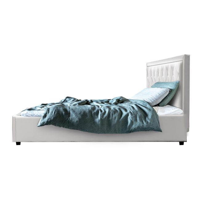 Artiss Tiyo Bed Frame Fabric Gas Lift Storage – QUEEN, White