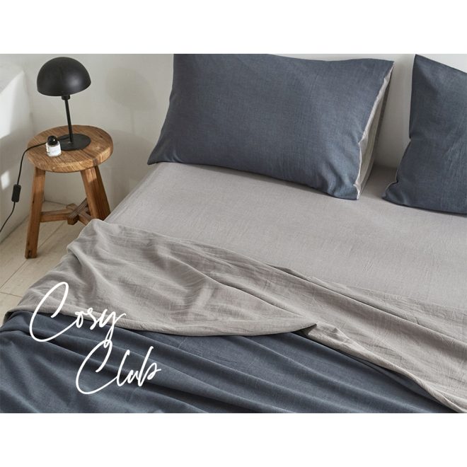 Cosy Club Washed Cotton Sheet Set – Doube, Dark Blu and Grey
