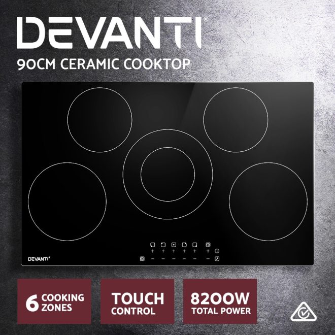 90cm Ceramic Cooktop Electric Cook Top 5 Burner Stove Hob Touch Control 6-Zones