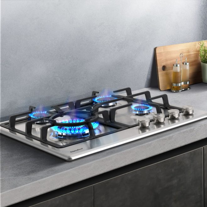 Comfee 60cm Gas Cooktop 4 Burners Kitchen Gas Hob Trivets Stove Cook Top Black – Steel