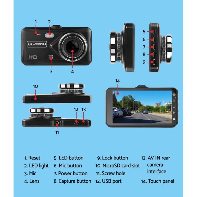 UL Tech 4 Inch Dual Camera Dash Camera – Black
