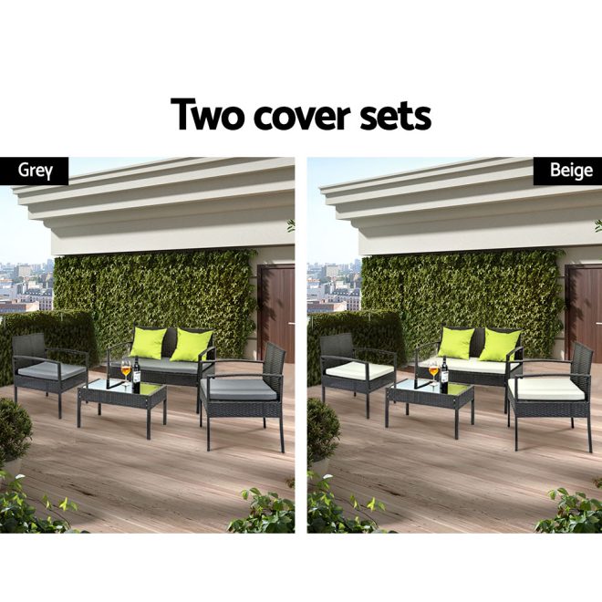 4 Seater Sofa Set Outdoor Furniture Lounge Setting Wicker Chairs Table Rattan Lounger Bistro Patio Garden Cushions Black – Without Cover