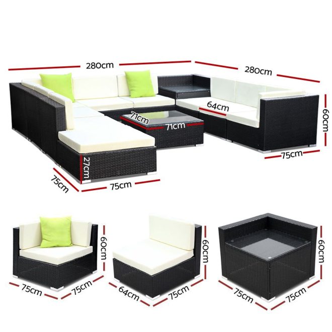 Gardeon Sofa Set with Storage Cover Outdoor Furniture Wicker – 6 x Single Sofa + 2 x Corner Sofa + 1 x Corner Table + 1 x Table + 1 x Ottoman