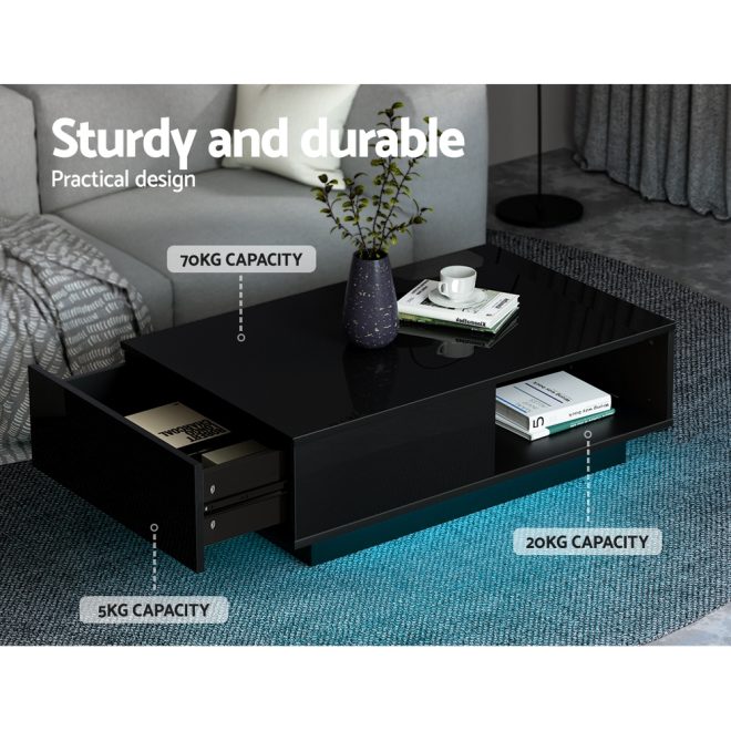 Coffee Table LED Lights High Gloss Storage Drawer Modern Furniture – Black
