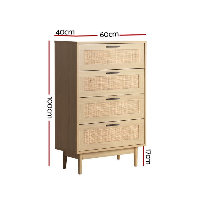 Artiss Chest of Drawers Rattan Tallboy Cabinet Bedroom Clothes Storage Wood – 4 Drawer