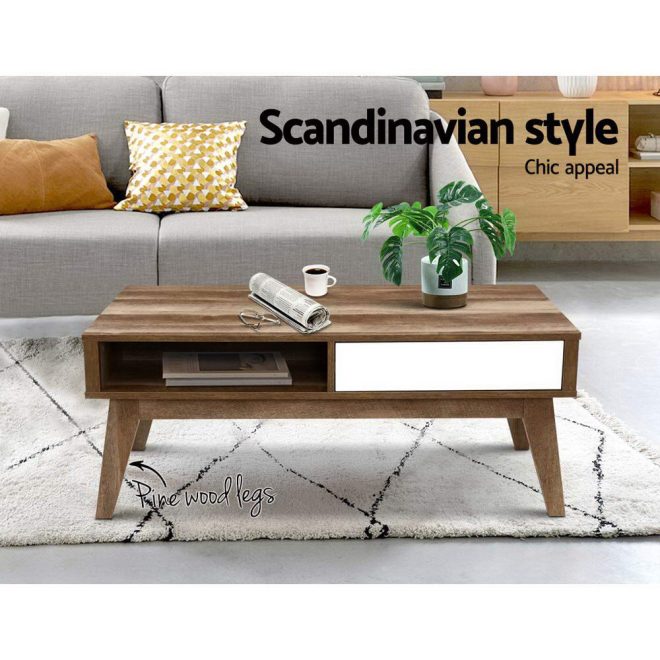 Coffee Table 2 Storage Drawers Open Shelf Scandinavian Wooden White