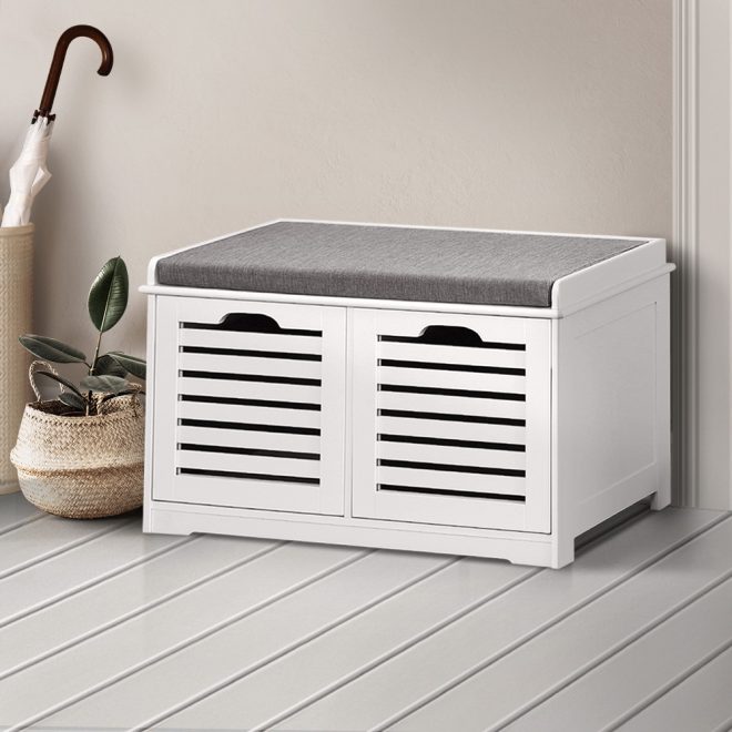 Fabric Shoe Bench with Drawers – White & Grey