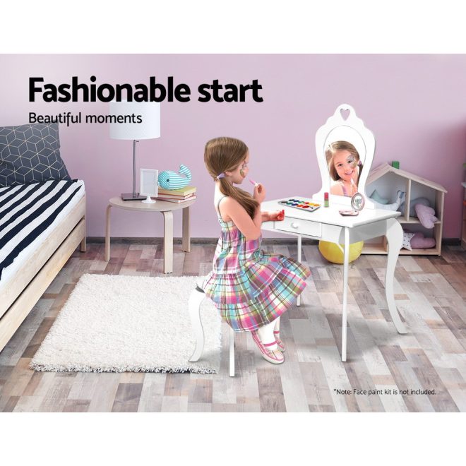 Keezi Kids Vanity Dressing Table Stool Set Mirror Princess Children Makeup – White