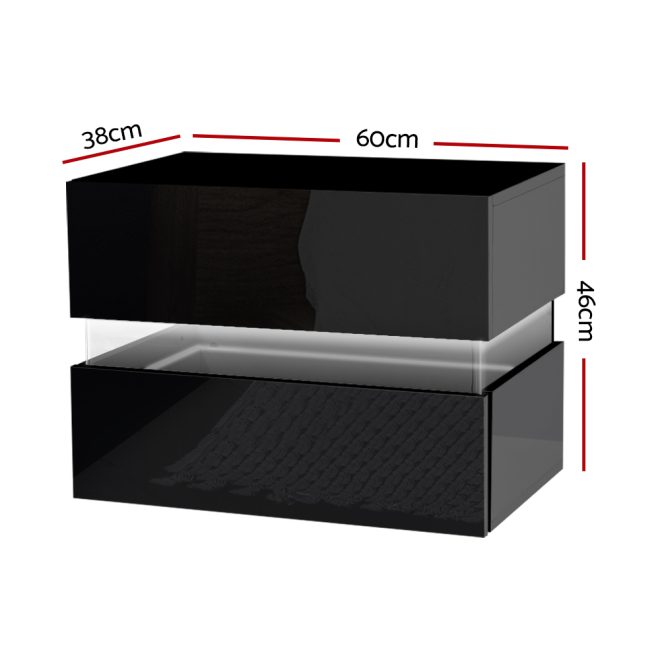 Artiss Bedside Table 2 Drawers RGB LED Side Nightstand High Gloss Cabinet – Black