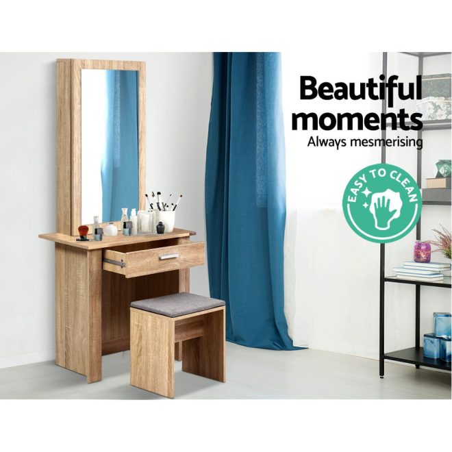 Artiss Dressing Table Mirror Stool Mirror Jewellery Cabinet Makeup Storage Wood – Oak