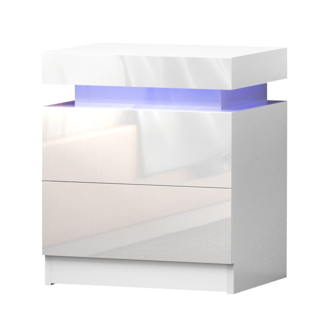 Artiss Bedside Tables Side Table Drawers RGB LED High Gloss Nightstand – White, Model 1